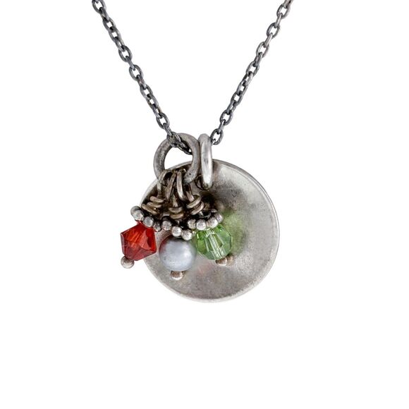 Sterling Silver Paw Print Imprint Disk Red Green Crystal Pearl Necklace 15.5" - Picture 1 of 5